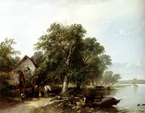 River Landscape with Figures Loading a Boat painting by Henry John Boddington