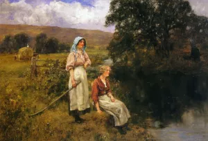Farm Girls by a Stream by Henry John Yeend King Oil Painting