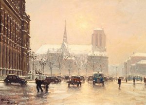 Notre-Dame vue de la place de l'Hotel de Ville, par temps de neige by Henry Malfroy Oil Painting