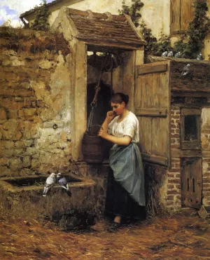 Peasant Girl and Doves by Henry Mosler - Oil Painting Reproduction
