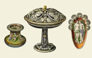 A Majolica Tazza designed by Julio Romano, a sauce-boat in Palissy-ware, a salt cellar in Henri-Deux ware by Henry Noel Humphreys Oil Painting