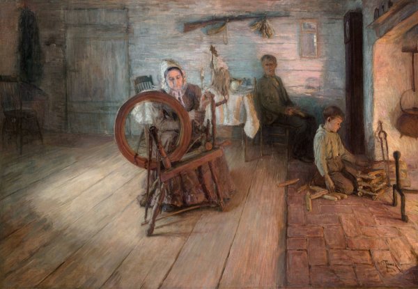 Main Product Photo of Spinning By Firelight-The Boyhood of George Washington Gray  Painting by Henry Ossawa Tanner