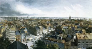 New York from the Steeple of St. Paul's Church, Looking East, South and West Oil painting by Henry Papprill