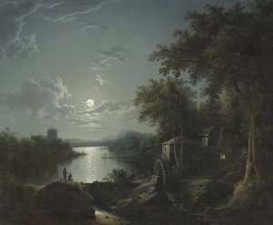 Moonlit fishing on the riverbank by Henry Pether Oil Painting