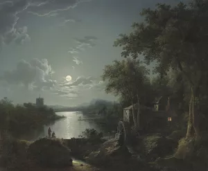 Moonlit fishing on the riverbank by Henry Pether Oil Painting