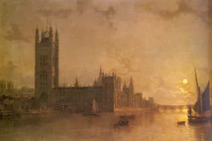 Westminister Abbey, the Houses of Parliament with the Construction of Wesminister Bridge by Henry Pether - Oil Painting Reproduction