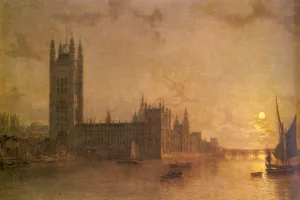 Westminister Abbey, the Houses of Parliament with the Construction of Wesminister Bridge Oil painting by Henry Pether