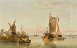 Estuary Scene with Coastal Vessels by Henry Redmore Oil Painting
