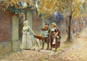 Man met een kijkkast en een liedverkoopster by Henry Reynolds Steer Oil Painting