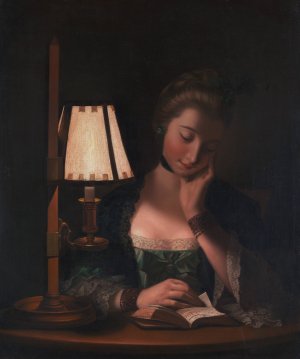 Woman Reading by a Paper-Bell Shade by Henry Robert Morland Oil Painting