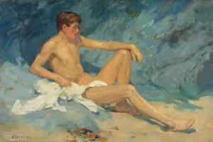 A male nude reclining on rocks by Henry Scott Tuke Oil Painting