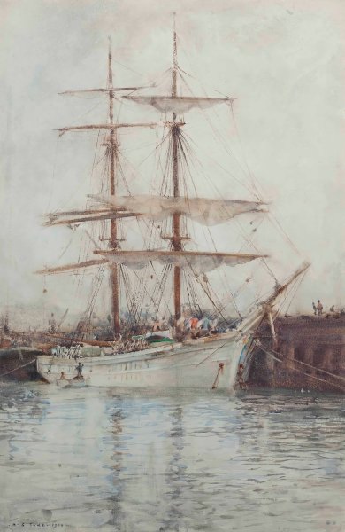 Main Product Photo of A Windjammer Moored In Falmouth Harbour  Painting by Henry Scott Tuke