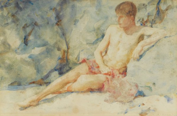 Main Product Photo of Boy against rock Painting by Henry Scott Tuke