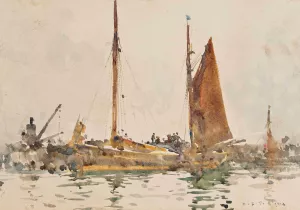 Lowestoft Fishing Boats Moored At Falmouth by Henry Scott Tuke Oil Painting
