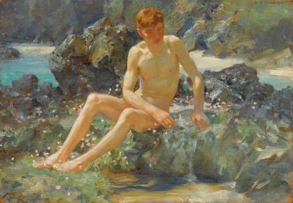 Nude On The Rocks  by Henry Scott Tuke - Hand-Painted Oil Painting Reproduction
