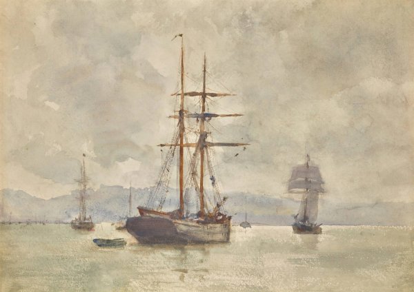 Main Product Photo of Sailing Ships At Anchor Painting by Henry Scott Tuke