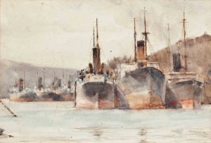Ships Moored Near King Harry Ferry, On The River Fal by Henry Scott Tuke Oil Painting