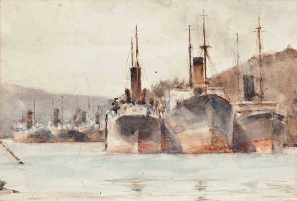 Main Product Photo of Ships Moored Near King Harry Ferry, On The River Fal Painting by Henry Scott Tuke