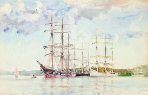 Windjammers At Anchor In Carrick Roads Oil painting by Henry Scott Tuke