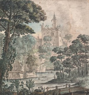 Landscape View of a Ruined Castle with River, Wooden Bridge and a Figure, Fishing by Henry Swinburne Oil Painting