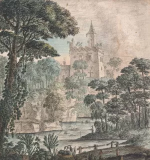 Landscape View of a Ruined Castle with River, Wooden Bridge and a Figure, Fishing by Henry Swinburne Oil Painting
