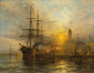 A Danish steamer moored alongside a busy dock Oil painting by Henry Thomas Dawson