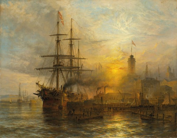 A Danish steamer moored alongside a busy dock  by Henry Thomas Dawson - Hand-Painted Oil Painting Reproduction