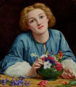 A Young Girl Arranging A Bouquet painting by Henry Wallis