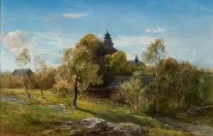 Landscape with a church hidden behind the trees Oil painting by Henryk Grabinski