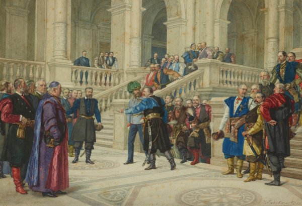 The Emperor Visiting the Galicia Diet in Lviv from the Series Inspection Trip of Emperor Franz Joseph I Around Galicia in September 1880  by Henryk Rodakowski - Hand-Painted Oil Painting Reproduction