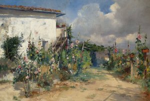 House with hollyhocks in the garden by Henryk Siemiradzki Oil Painting
