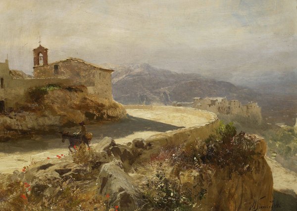 Italian landscape with a donkey  by Henryk Siemiradzki - Hand-Painted Oil Painting Reproduction