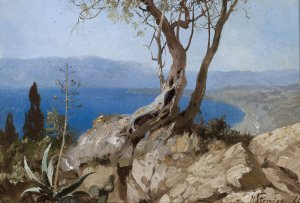 Lake view with rocky edge by Henryk Siemiradzki Oil Painting