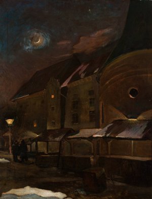 Small Market Square in Krakow at Night by Henryk Szczyglinski Oil Painting