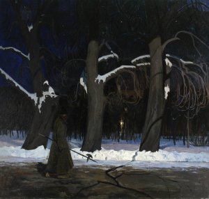 Winter landscape at night with a halberdier by Henryk Szczyglinski Oil Painting