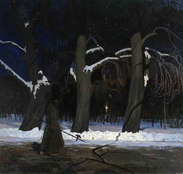 Winter landscape at night with a halberdier  by Henryk Szczyglinski - Hand-Painted Oil Painting Reproduction
