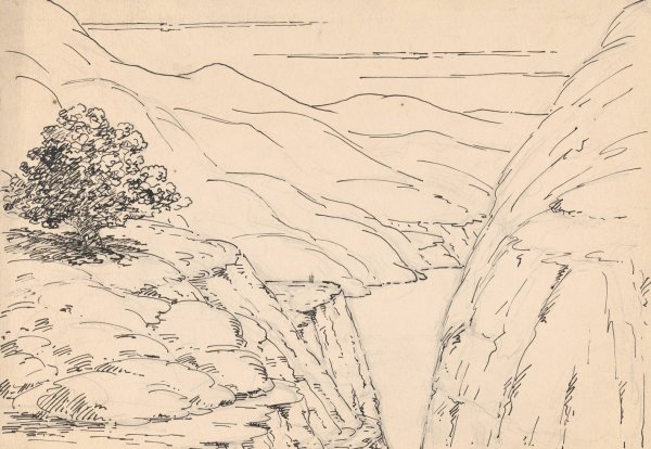 Main Product Photo of A River Landscape with Steep Cliffs  Painting by Herbert Crowley