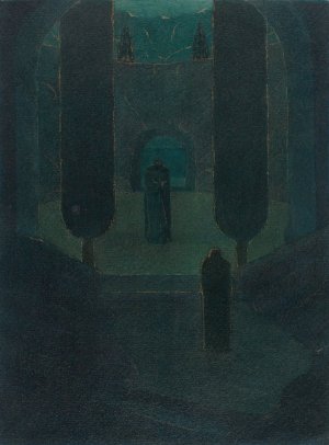 Cloaked Figures in a Dark Garden by Herbert Crowley Oil Painting