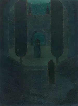 Cloaked Figures in a Dark Garden by Herbert Crowley Oil Painting