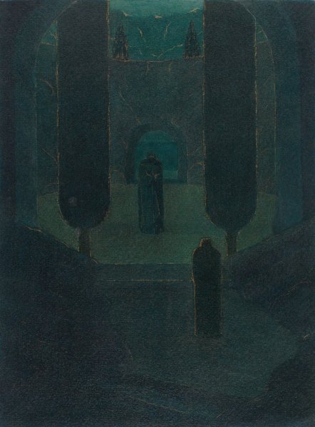 Main Product Photo of Cloaked Figures in a Dark Garden  Painting by Herbert Crowley