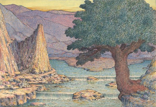 River Landscape with Rapids  by Herbert Crowley - Hand-Painted Oil Painting Reproduction