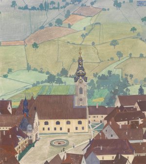 Kirchenplatz und Felder by Herbert Von Reyl-Hanisch Oil Painting