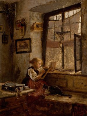 Girl with Cat by Herman Hartwich Oil Painting