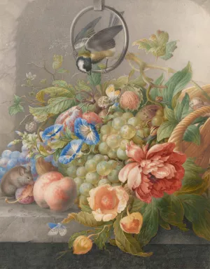 Stilleven met bloemen, vruchten, een koolmees en een muis by Herman Henstenburgh Oil Painting