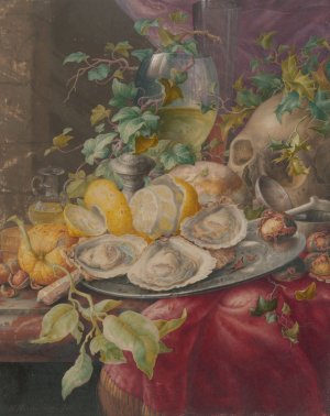 Vanitasstilleven met oesters en schedel by Herman Henstenburgh Oil Painting