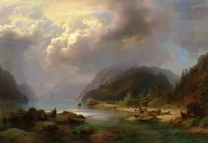 Alpine Lake Scene by Herman Herzog - Oil Painting Reproduction