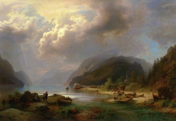 Alpine Lake Scene by Herman Herzog - Hand-Painted Oil Painting Reproduction
