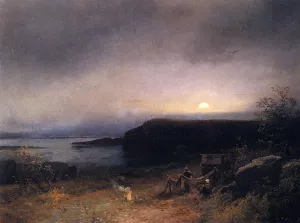 Campfire in Moonlight by Herman Herzog - Oil Painting Reproduction