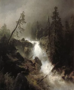 Cascade with a Fisherman painting by Herman Herzog
