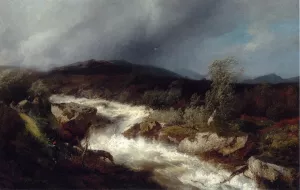 Fisherman by a Waterfall by Herman Herzog - Oil Painting Reproduction